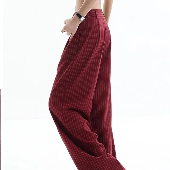 Stylish Asymmetrical Burgundy Striped Pants - Picture 2 of 10